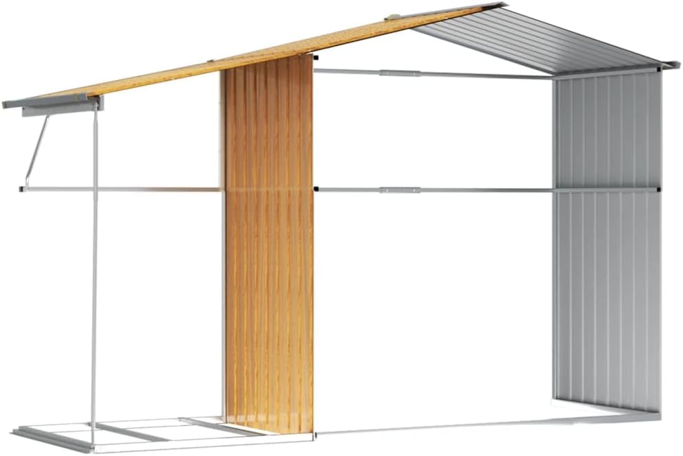 Abri de jardin marron clair 277 x 192,5 x 179 cm en acier galvanisé avec support pour bois de chauffage et 4 ouvertures d'aération pour outils de jardin et équipements