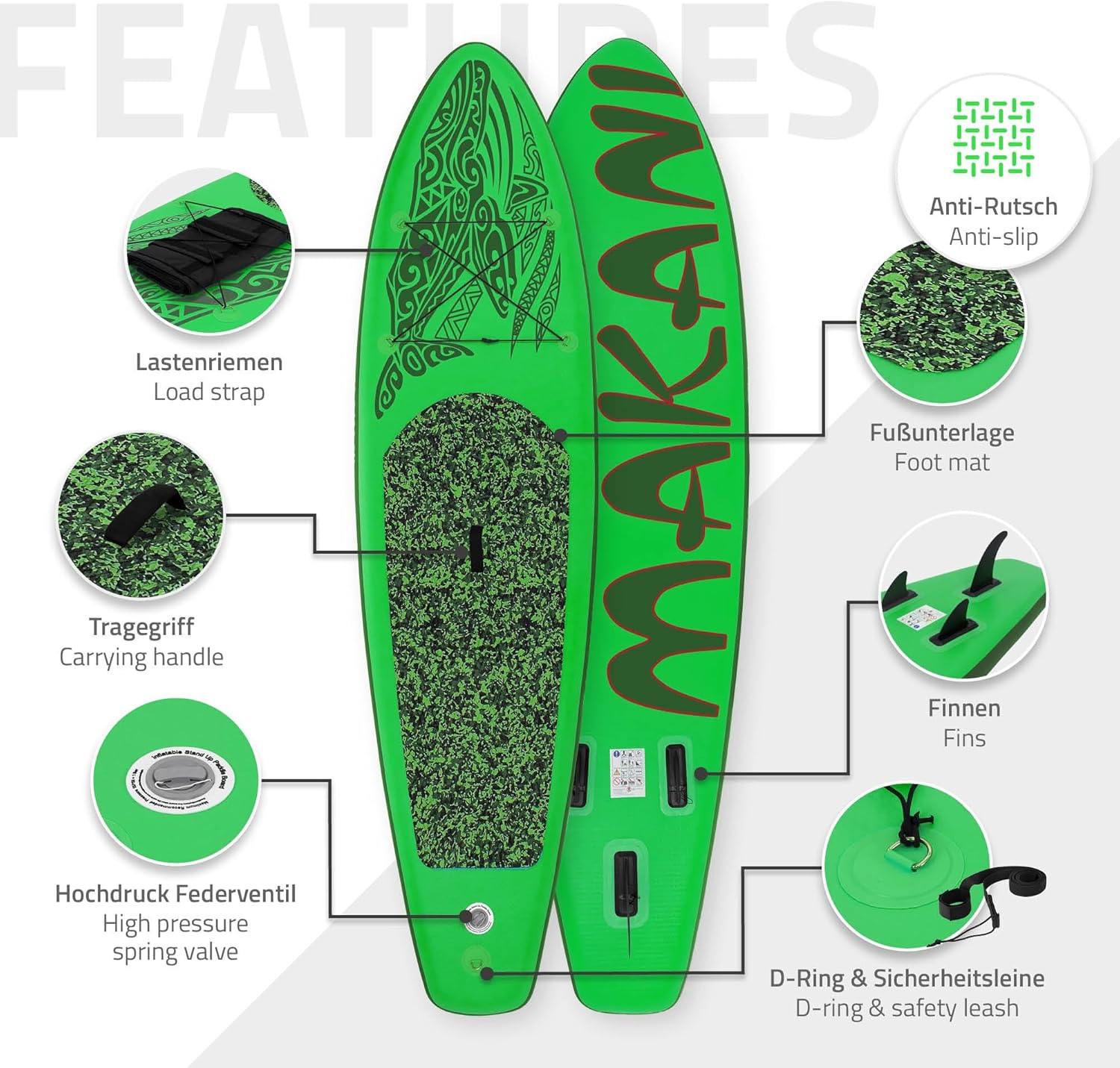 karaca-alisveris - planche stand up paddle - 305/308/320/380 cm - PVC, jusqu'à 150 kg, 10/15 cm d'épaisseur