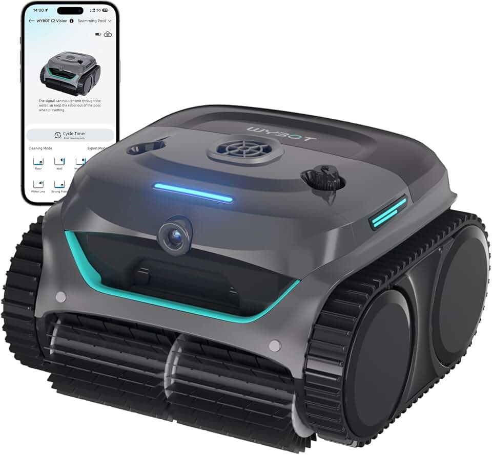 karaca-alisveris (Nouveau Modèle) Robot Piscine sans Fil C2 Vision-A avec caméra IA, Filtration Ultra-Fine, Forte Aspiration, Nettoyage Fond/parois & Ligne d’Eau, Navigation Intelligente – Bleu-Vert Gris