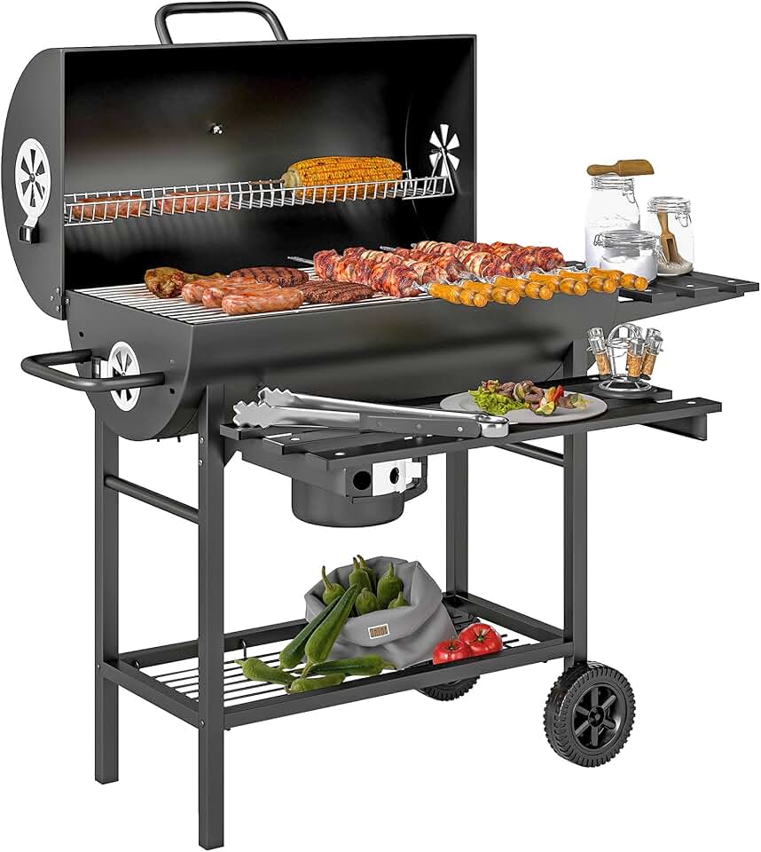 karaca-alisveris - barbecue charbon de bois - grande taille - grille, couvercle thermomètre, roues, tablette pliable