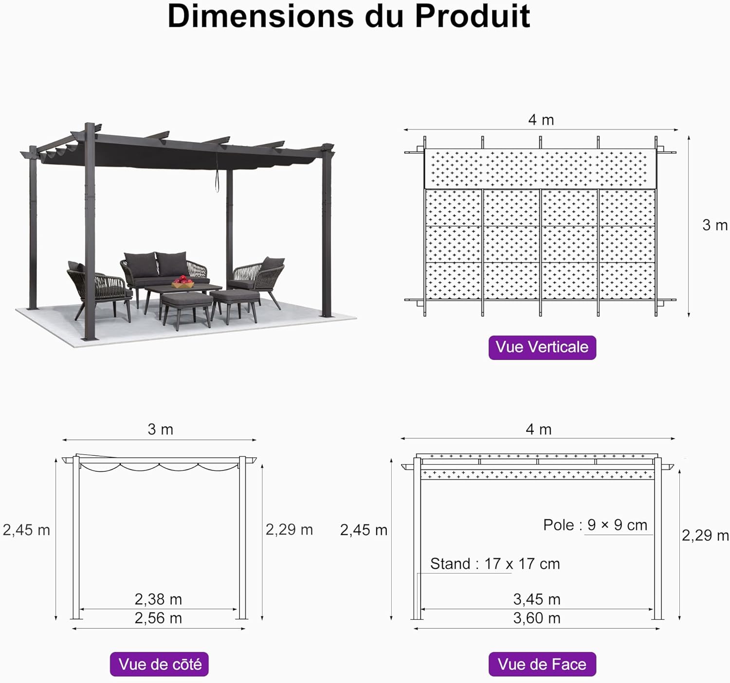 karaca-alisveris - pergola aluminium série 4x3m rideau toit coulissant gris
