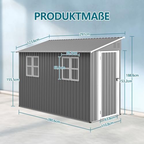 Abri de jardin métal - design adossé 1,2x3m, portes, fenêtres, kit de sol