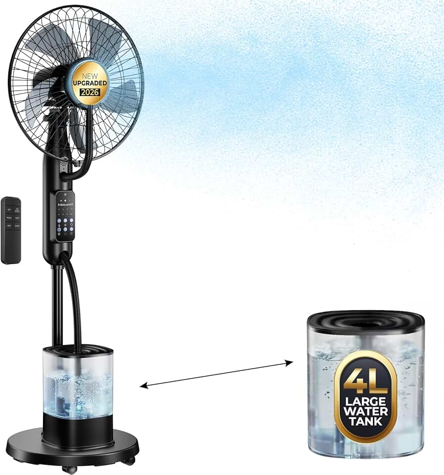 karaca-alisveris - Ventilateur Brumisateur Amélioré - réservoir 4L, oscillant, 5 vitesses, minuterie, télécommande, 7,5h