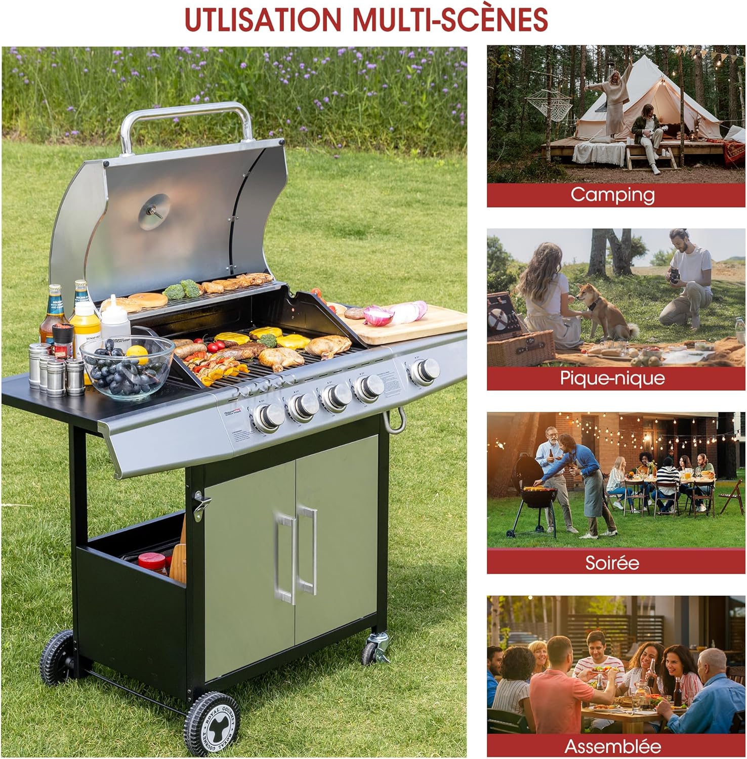 karaca-alisveris - Barbecue Gaz 4+1 brûleurs inox - 14,5kW - 2 portes, thermomètre, roues directionnelles