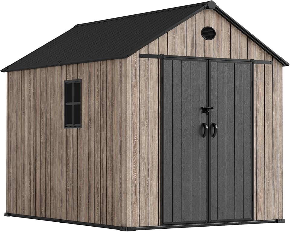 karaca-alisveris Abri de jardin en résine 6,41 m² Oak O60 - Sol inclus - Fenêtre latérale - Aspect bois premium - Double porte large - Protection UV et imperméable - Fermeture par goupille - Ventilations