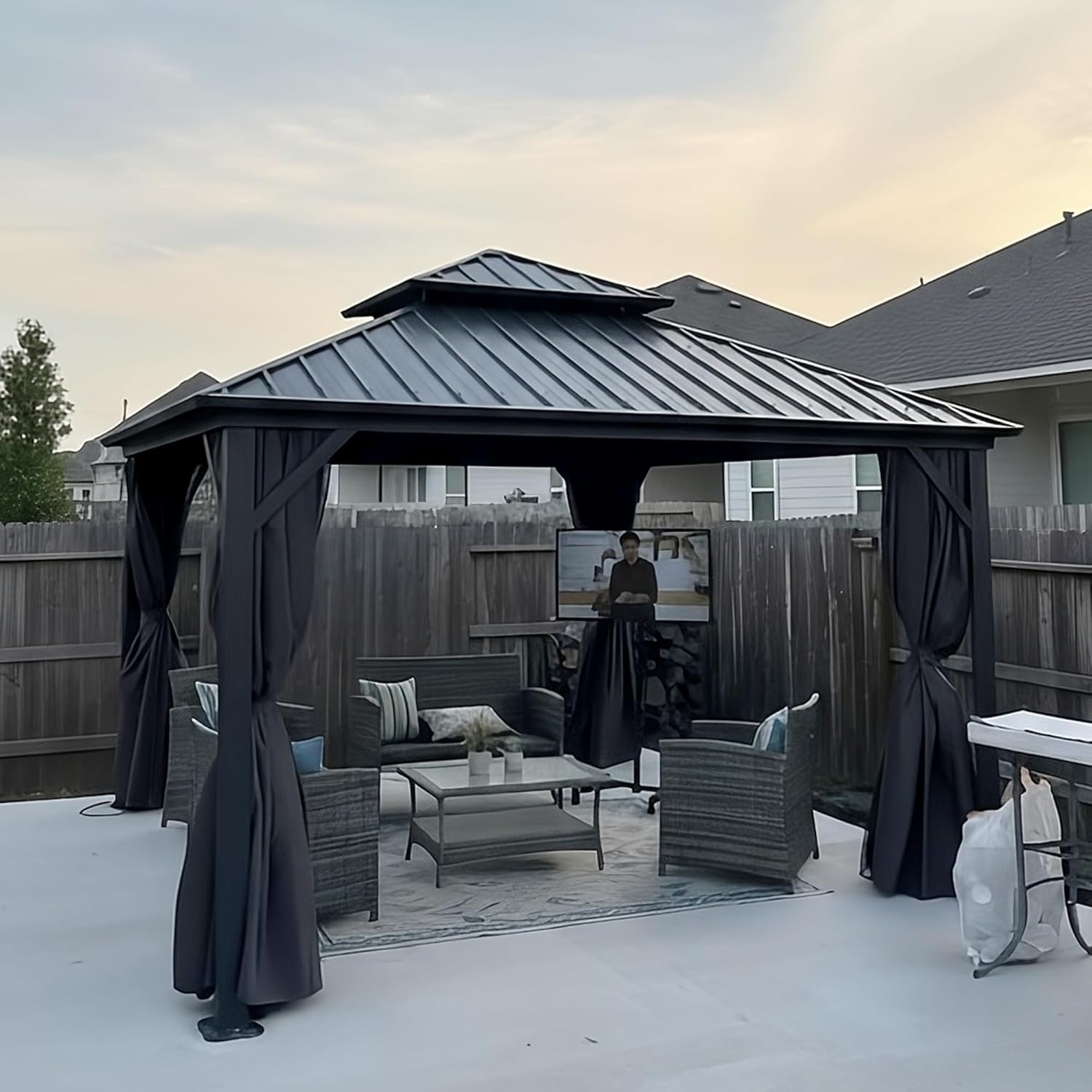 karaca-alisveris - Pavillon jardin double toit alu 3,65x3,65m, rideaux, moustiquaire
