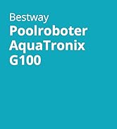 Le texte se lit comme suit : « karaca-alisveris Poolroboter AquaTronix G100 ». Fond turquoise avec mise en page publicitaire de produit en texte blanc.