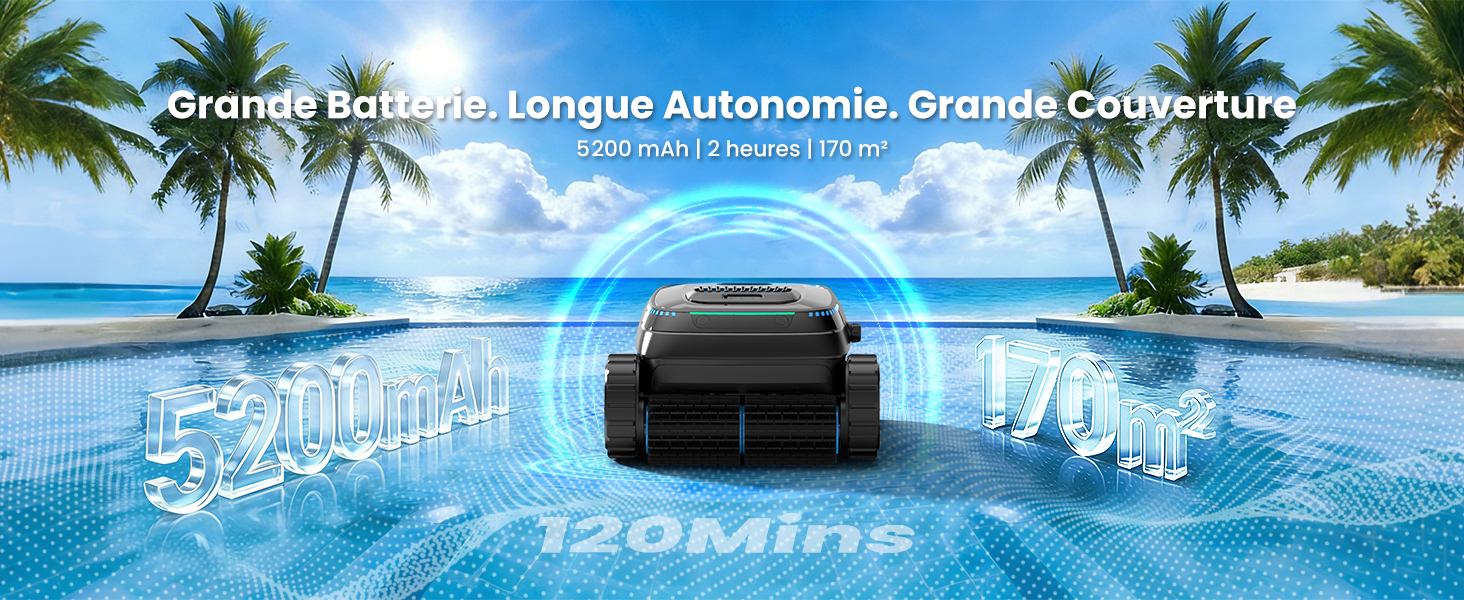 Le texte se lit comme suit : « Plus vert que jamais ». Longue autonomie. Grandi Coperture. » et « 120 minutes ». Appareil robotique sombre dans une piscine à débordement avec palmiers tropicaux et ciel en toile de fond.