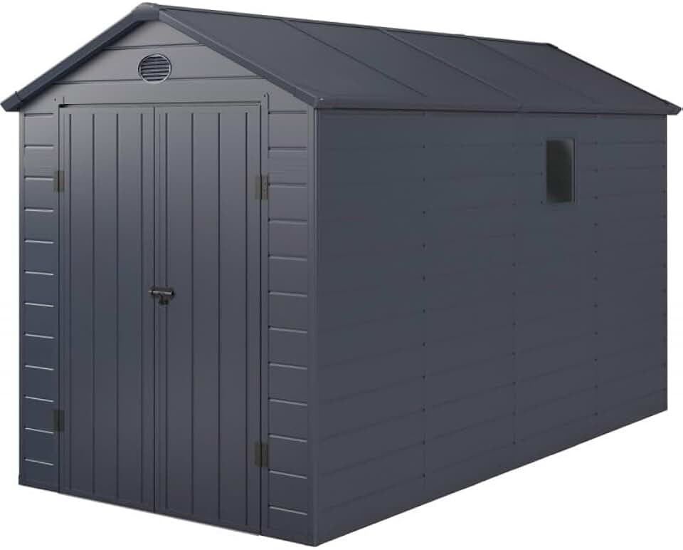 karaca-alisveris Abri de Jardin Résine Anthracite 6,99m² | Double Porte Verrouillable, Structure Acier Galvanisé | Kit de Fondation Inclus, Ventilation, Fenêtre, Garantie 10 Ans