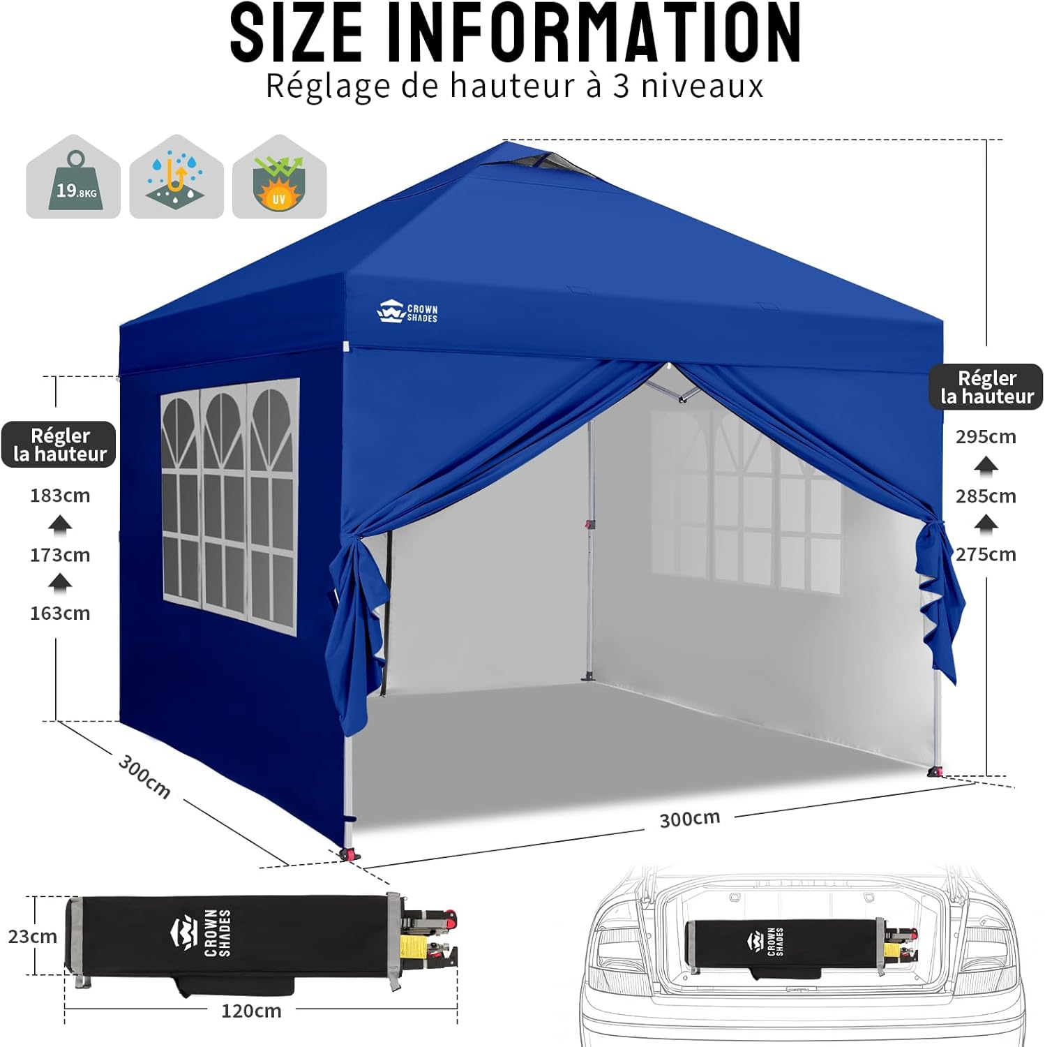 karaca-alisveris - tonnelle pliante 3x3m - imperméable, UPF 50+, 4 parois amovibles