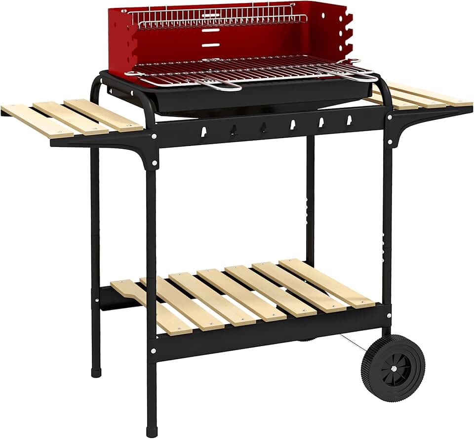 karaca-alisveris - barbecue à charbon sur pied - 103x47x95cm - gril réglable, 2 roues, 3 étagères, bac à cendres