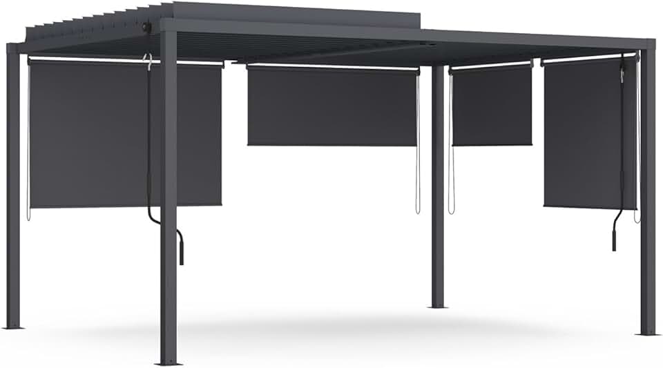 karaca-alisveris - Pergola bioclimatique acier 3x4m, 4 stores, gris anthracite