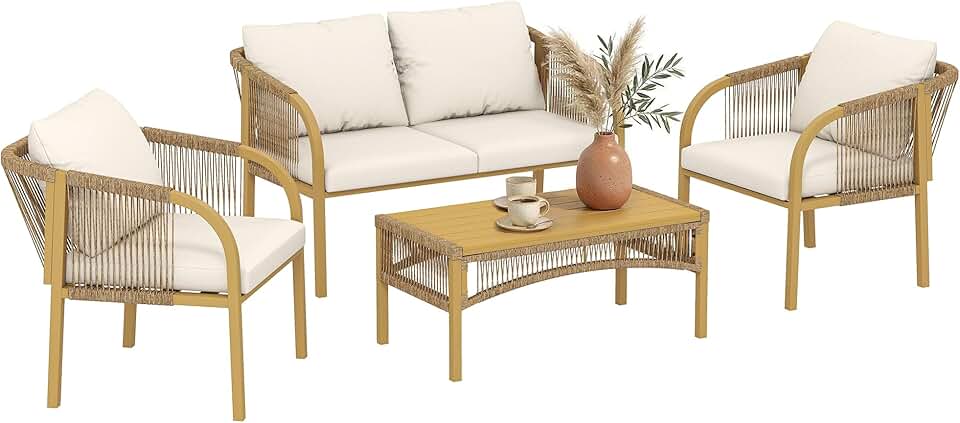 karaca-alisveris - Salon de jardin 4 pcs - canapé 2 places, coussins, table basse, plateau acier imitation bois - kaki
