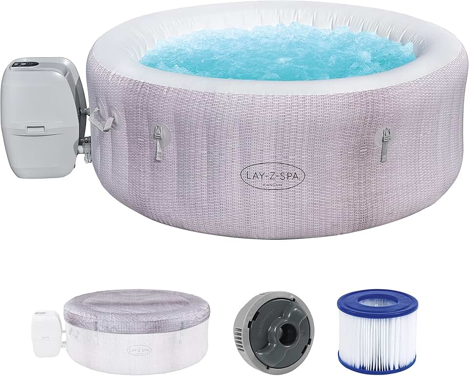 Spa Gonflable karaca-alisveris® Cancun Airjet Rond 2 à 4 Personnes, 180 x 66 cm, 120 Jets d'air, Couverture Isolante, Filtration à Cartouche, diffuseur Chemconnect