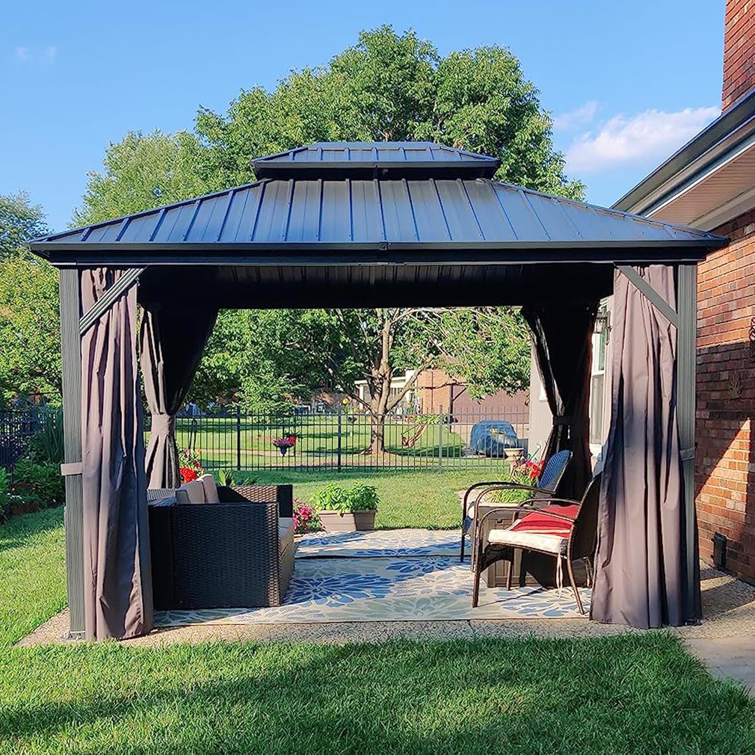 karaca-alisveris - Pergola aluminium double toit 3,65x3m rideaux moustiquaire