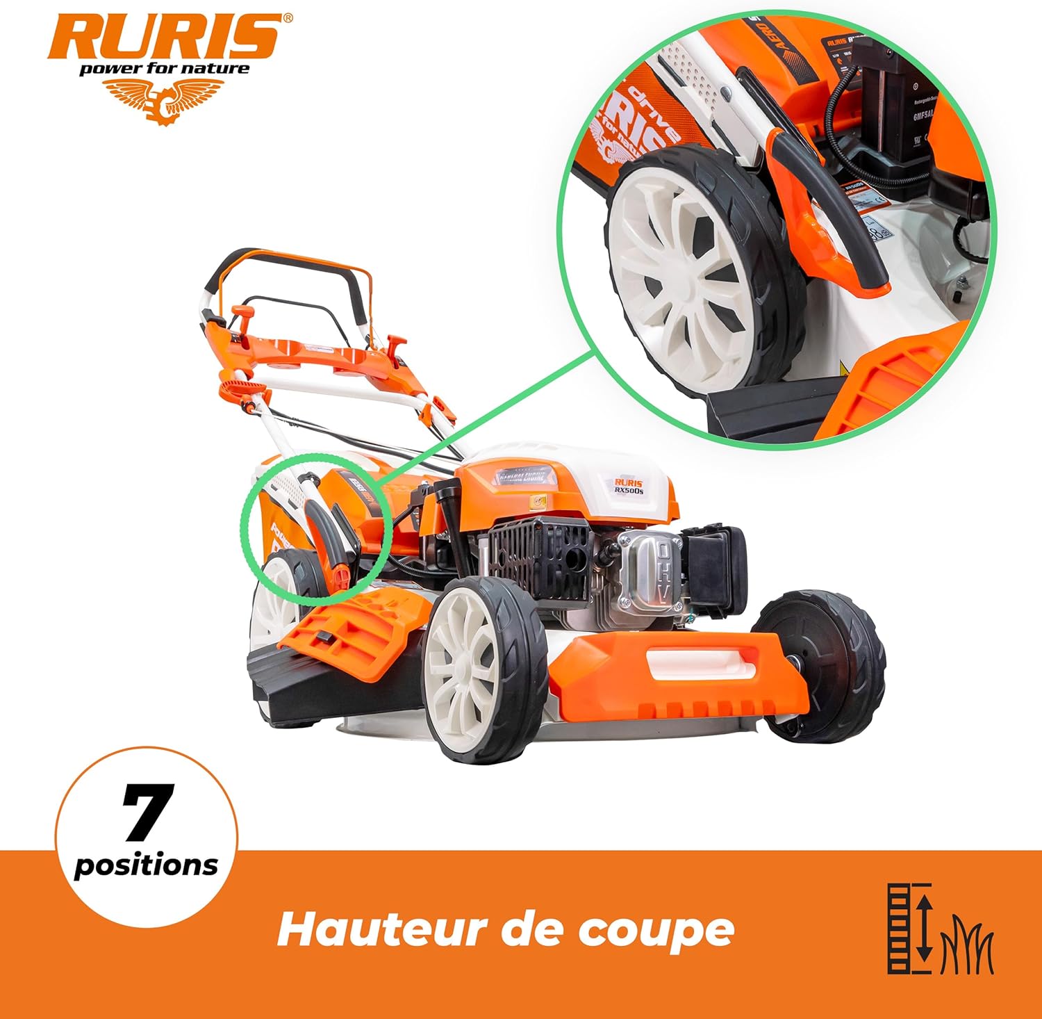 karaca-alisveris Tondeuse à Gazon Thermique 5 en 1 Mulching 5,7 CV 196cc RX500S, Orange