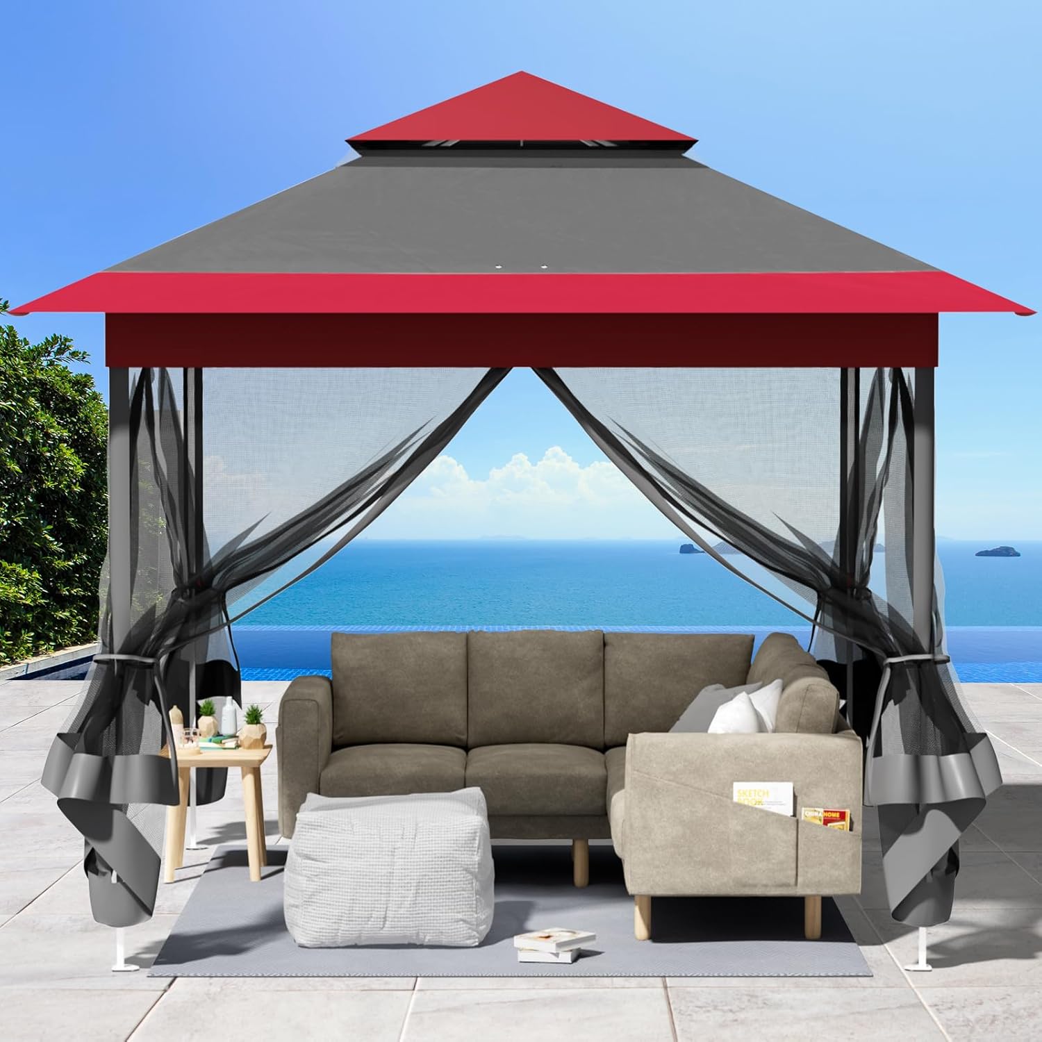 Tonnelle pliante - 3,3x3,3m - imperméable, moustiquaire, double toit, sacs sable