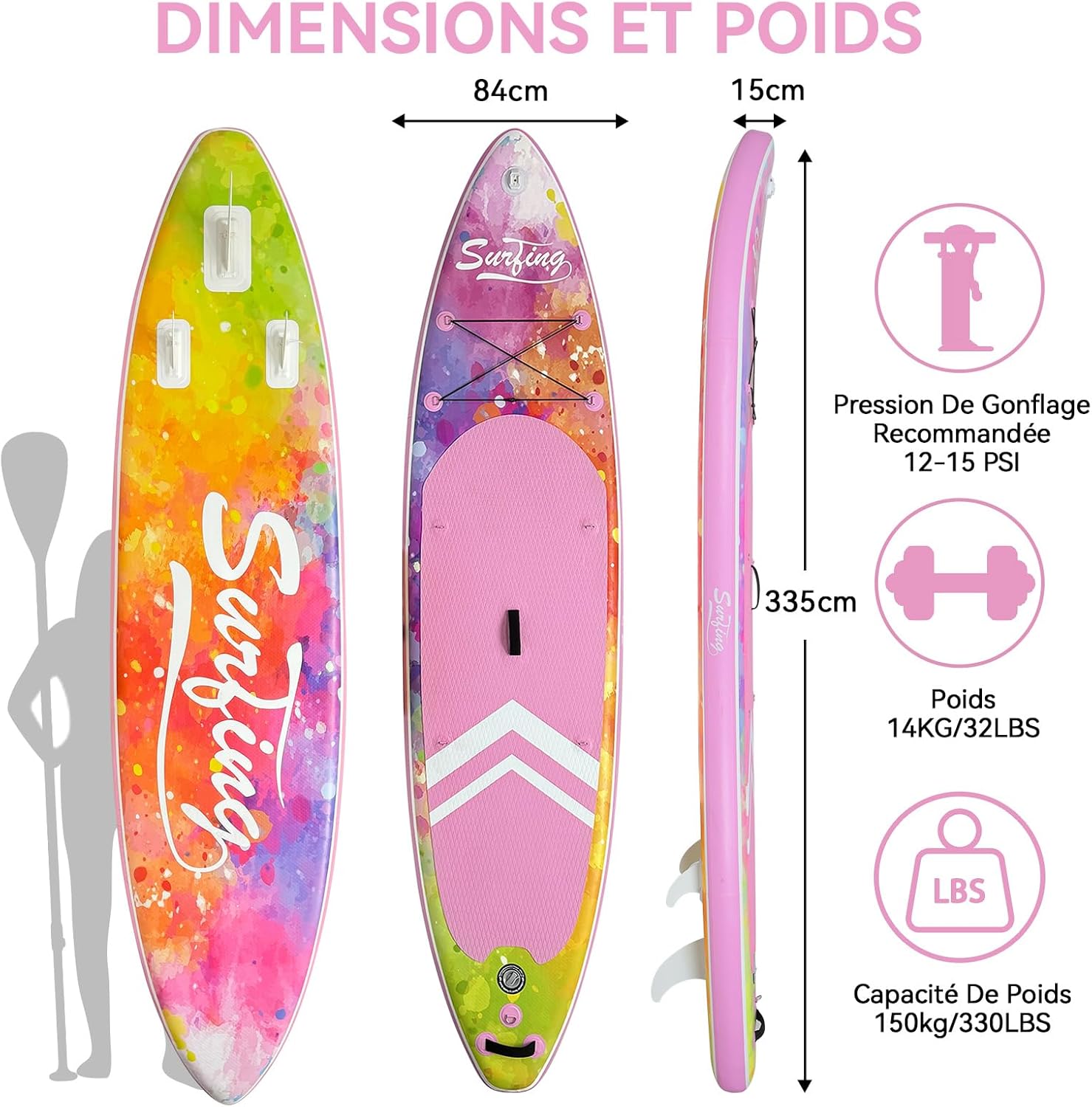 karaca-alisveris - Paddle gonflable 320/335cm - 2 pers, siège kayak, 150kg