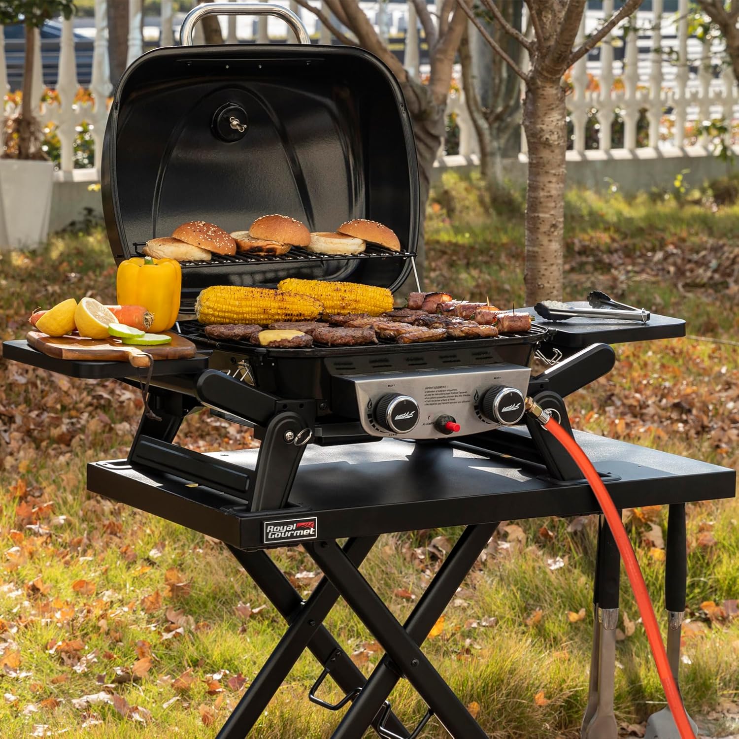 karaca-alisveris - barbecue gaz portable - 48x37 cm - 2 brûleurs, tables pliantes, chariot détachable, 5kW