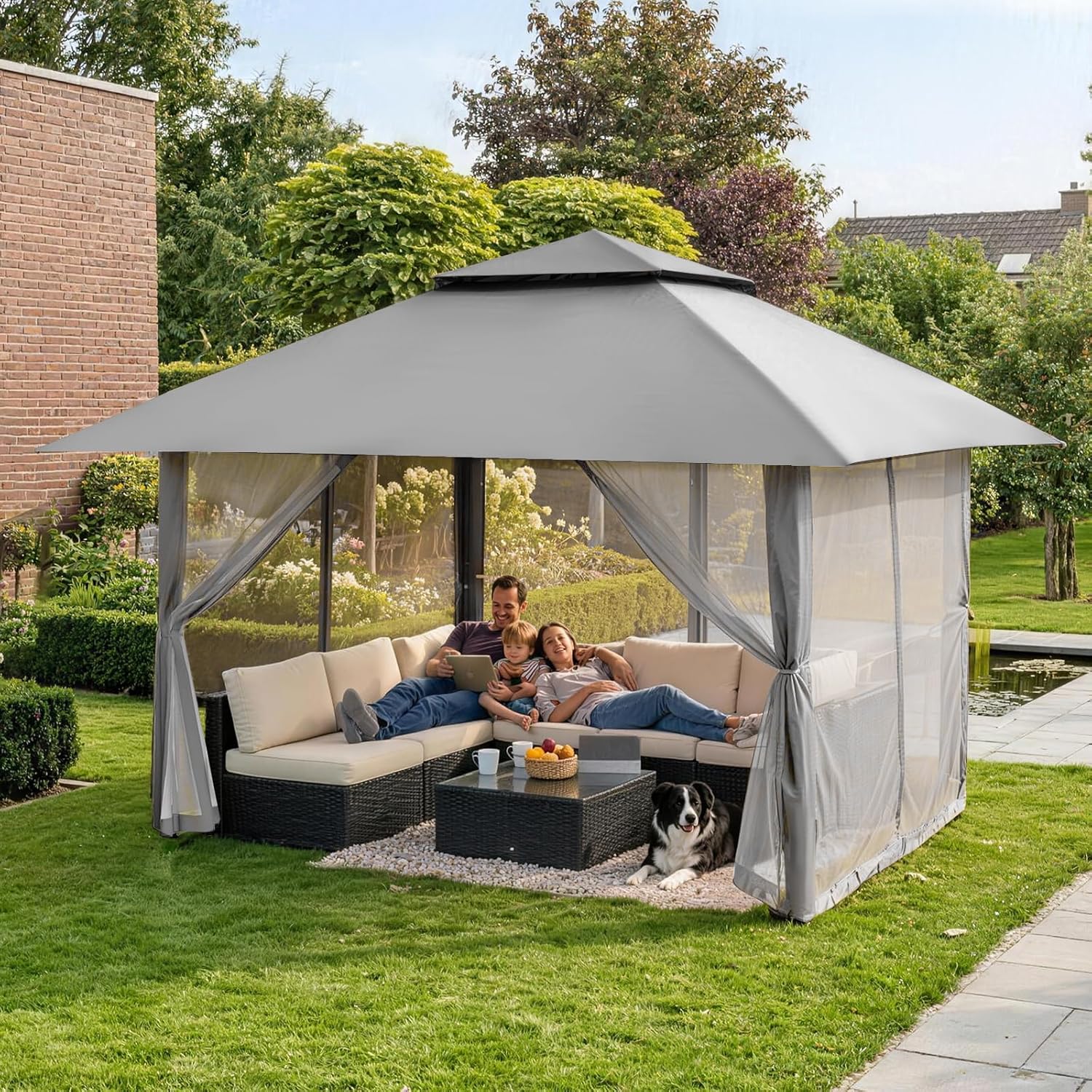 karaca-alisveris - tonnelle jardin pop up - 4x4 m - double toit, côtés maille, hauteur réglable