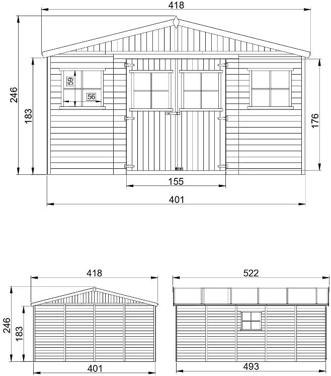 Abri de Jardin en Bois Exterieur avec Les PLANCHERS IMPRÉGNÉ- Maison de Jardin en Pin/épicéa-H246x418x522 cm/20 m²-Construction de Panneaux- Rangement pour vélos, Remise à Outils-karaca-alisveris M333 +M333G