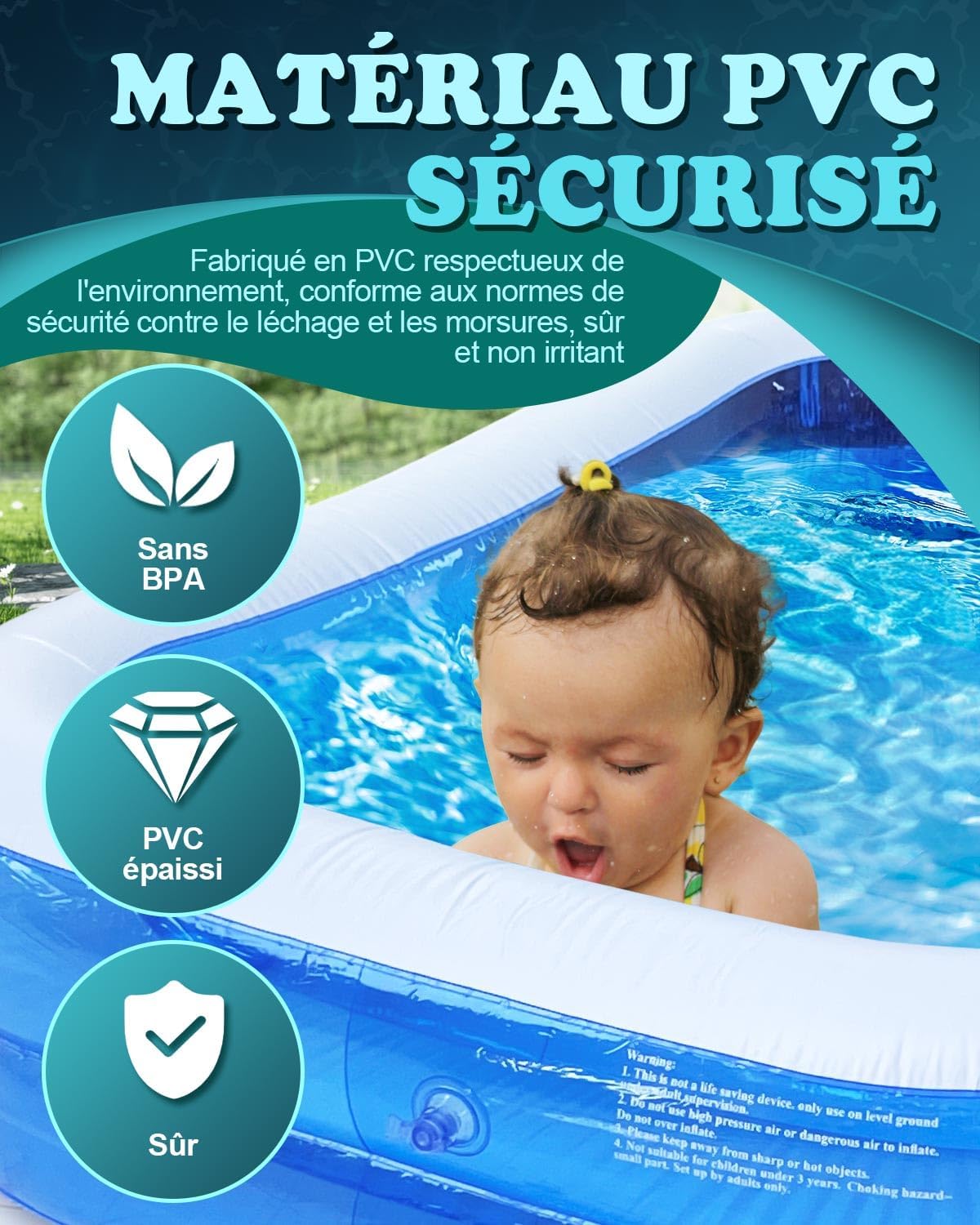 Piscine gonflable rectangulaire - 200x150x50cm - PVC épais double couche, usage enfant/adulte