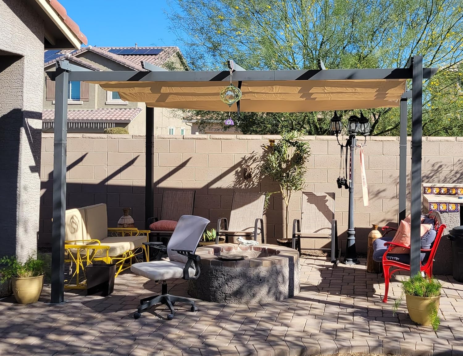 karaca-alisveris - Pergola aluminium LED, toit rétractable, 4x3m, kaki
