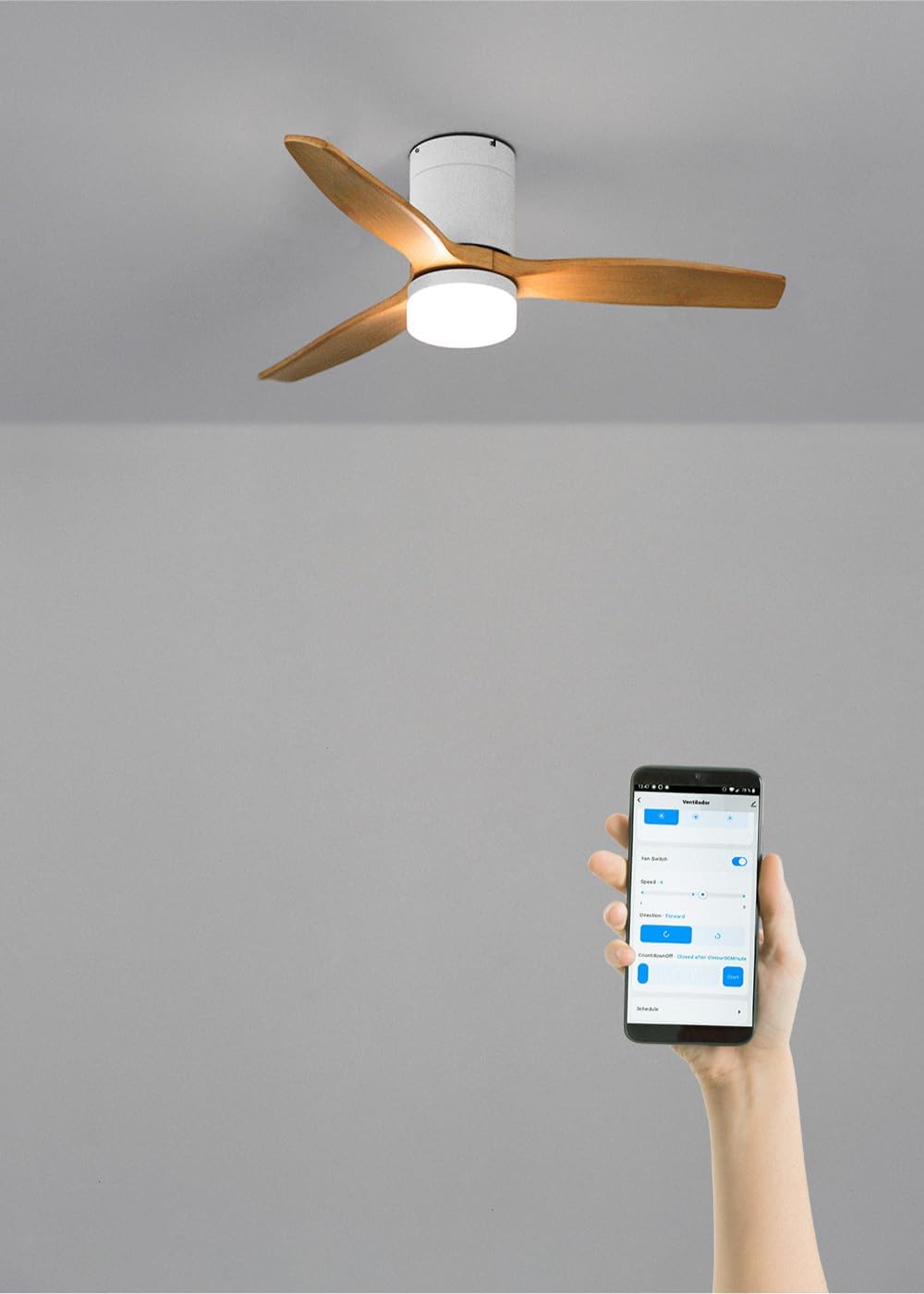 CREATE / WINDCALM S/Ventilateur de plafond ABS avec lumière blanc, pales effet bois clair, Wifi et télécommande / 40W, Silencieux, Ø112 cm, 3 températures de lumière, minuterie, fonction été-hiver