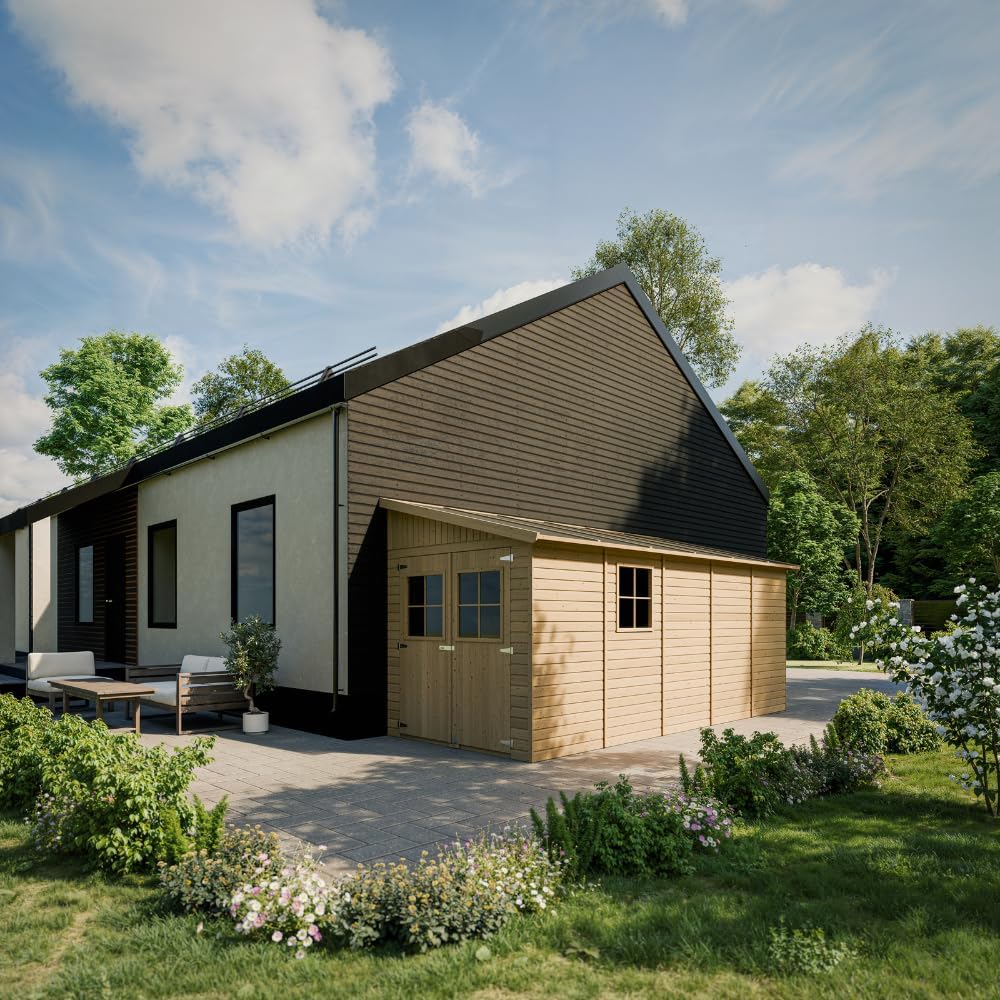 Abri de Jardin en Bois Naturel (avec paroi latérale) Plus Les PLANCHERS IMPRÉGNÉ- Stockage extérieur avec fenêtres- H244x218x514 cm/10 m2- Atelier Rangement Outils et vélos- karaca-alisveris M341A+M341G