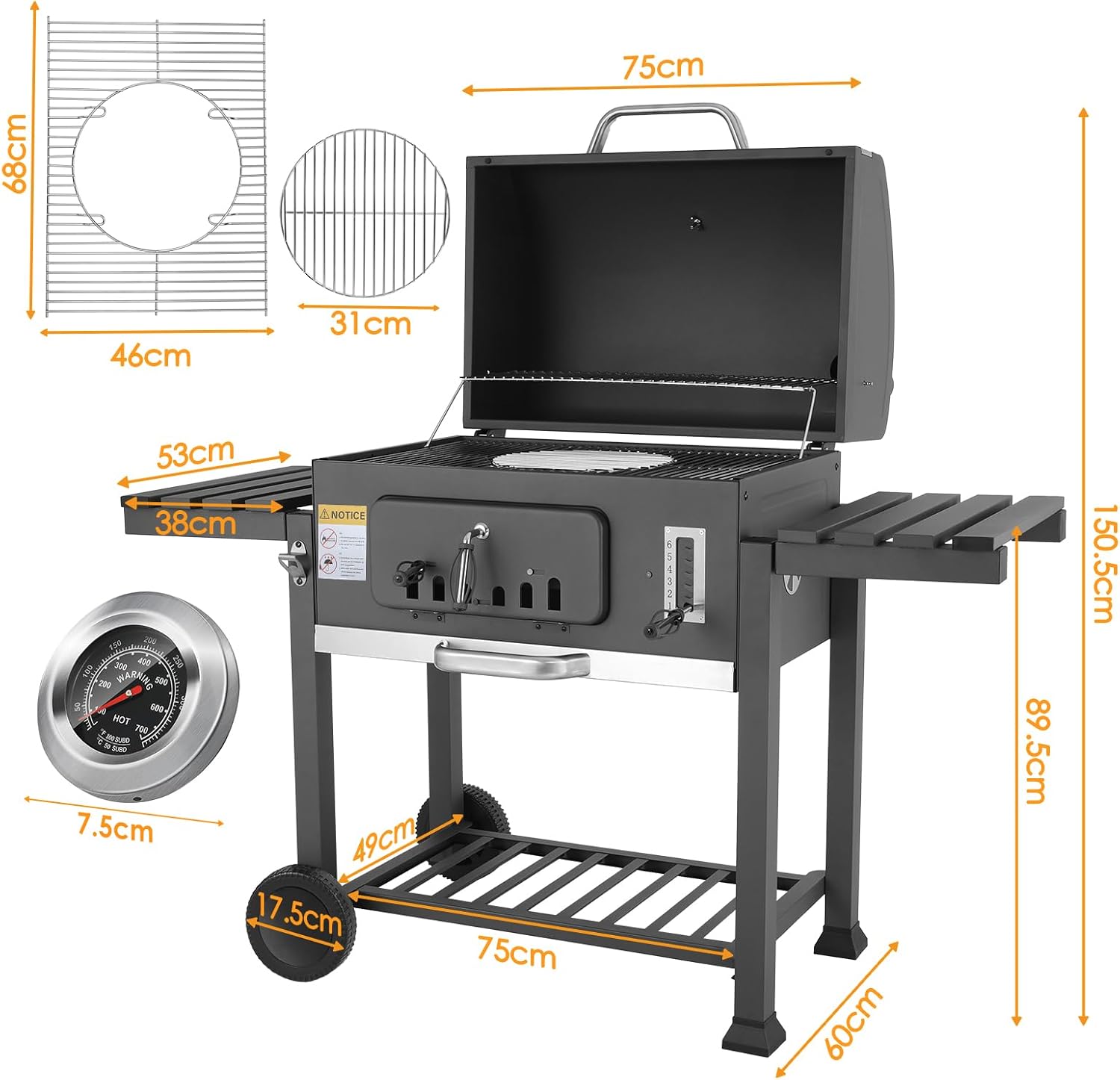 Barbecue au Charbon de Bois - XXL avec couvercle, roues, thermomètre - 152x136x60cm, grande capacité