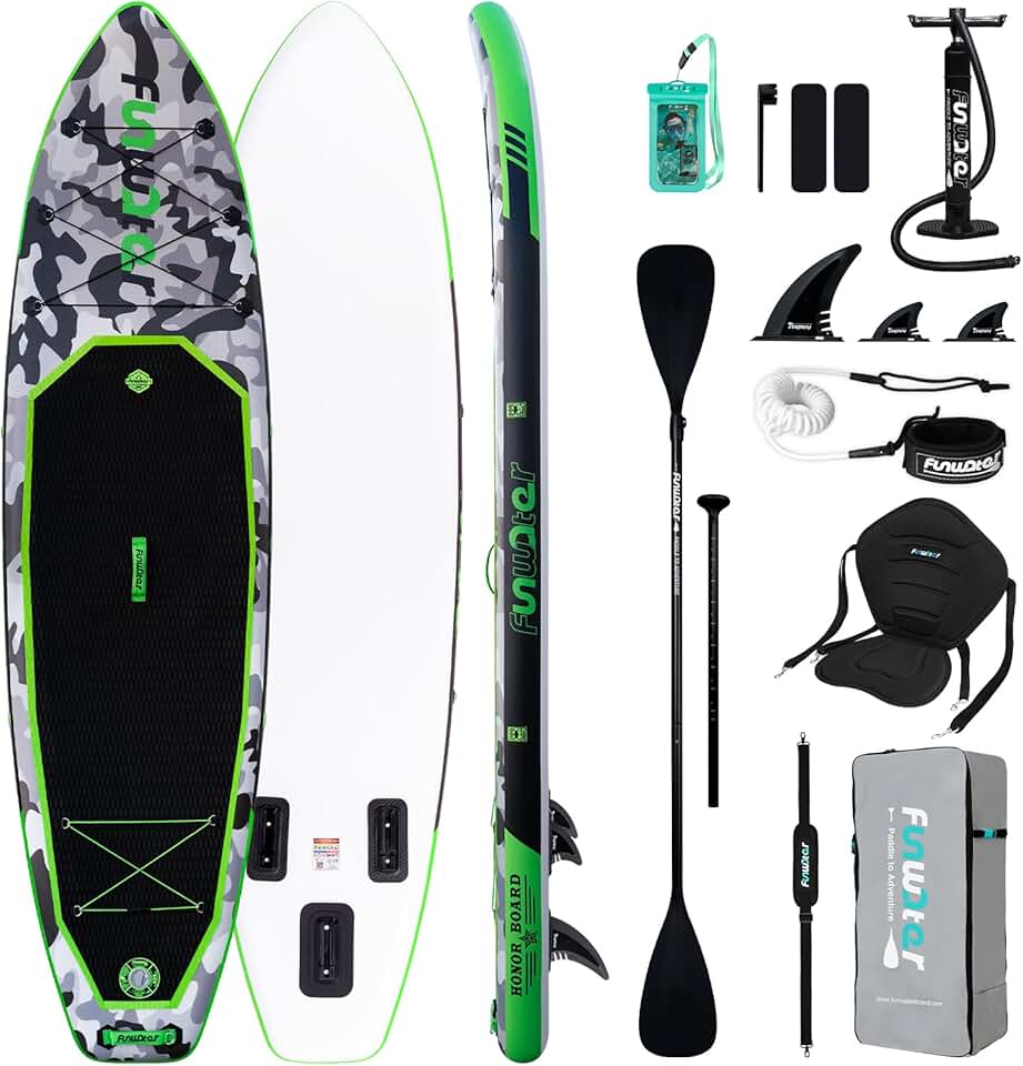 karaca-alisveris Planche de stand up paddle gonflable de 330 cm - Kit complet avec pagaie, sac à dos, étui pour téléphone portable, 3 palmes, pompe, siège et bandoulière - Planche de SUP pour débutants et
