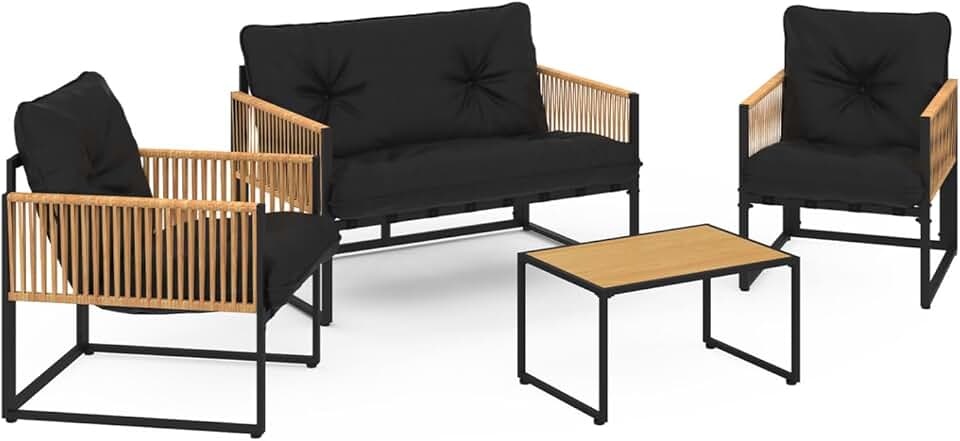 karaca-alisveris - Salon de Jardin Bas Rio 4 Places - Structure métal noir, cordage rotin clair, coussins noirs