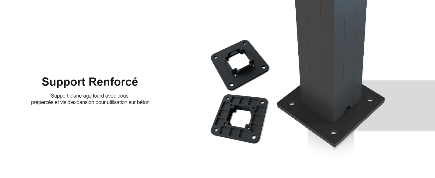 Photo du produit montrant des plaques de renfort en métal noir et des supports de montage à ouvertures carrées.