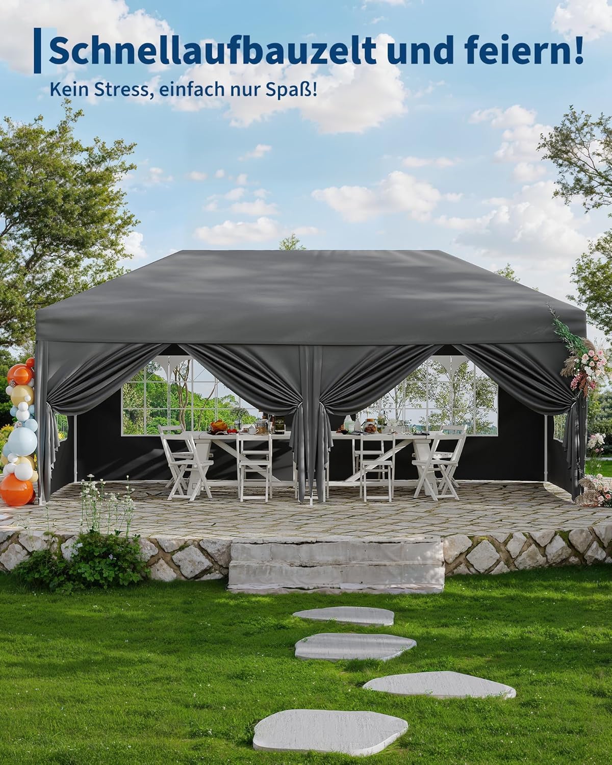 Gravee - Tonnelle pliante série 3x6m - 3x6m - Imperméable et anti-UV, parois latérales, sac de transport
