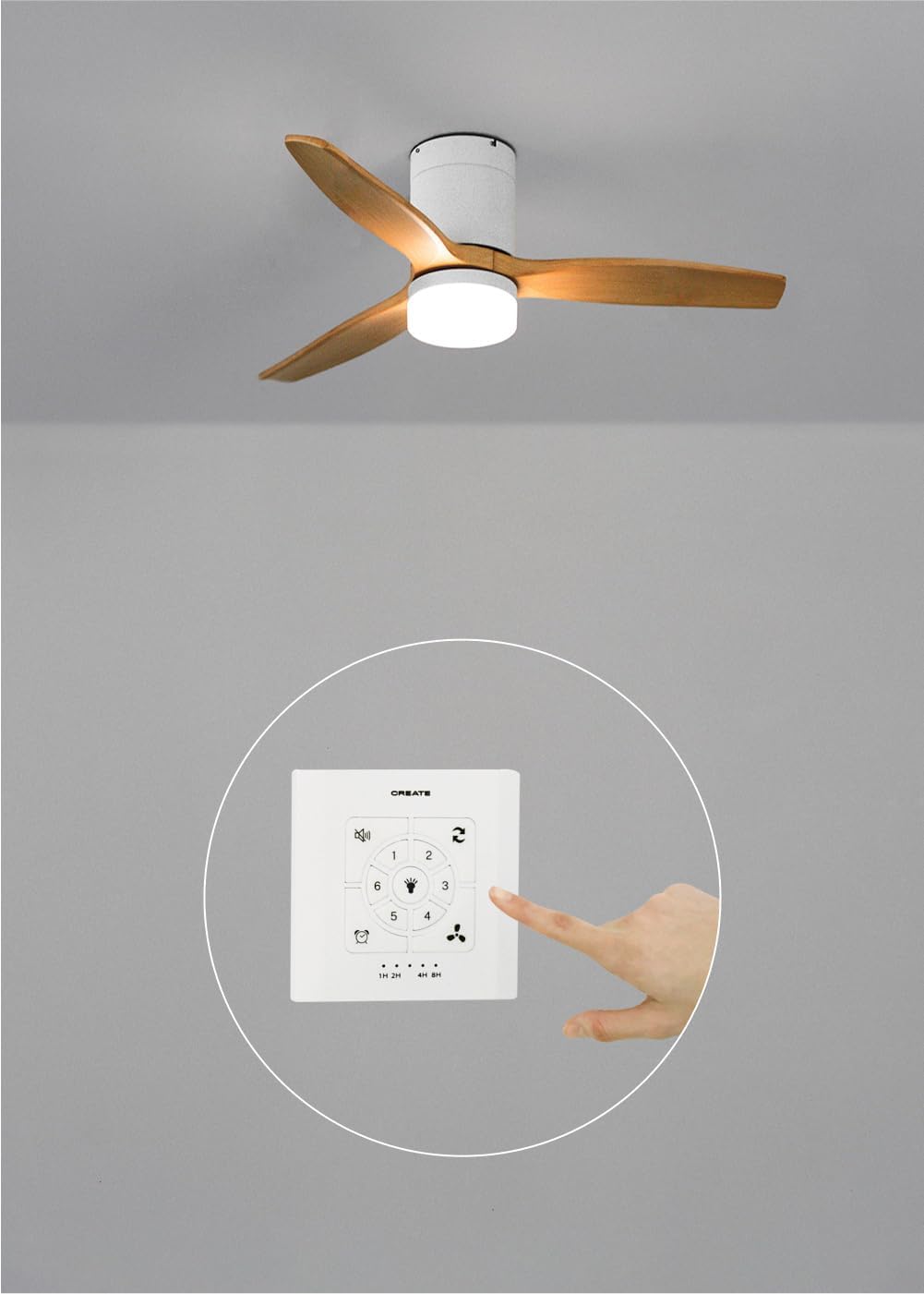 CREATE - Ventilateur plafond WindCalm - Ø112cm - lumière LED, pales bois, télécommande, 40W, été-hiver, 3 températures, 
