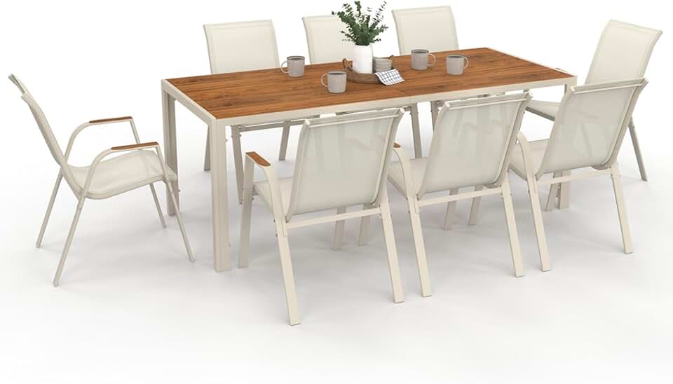 karaca-alisveris - Noumea Salon jardin 190 cm verre-bois, 8 chaises empilables