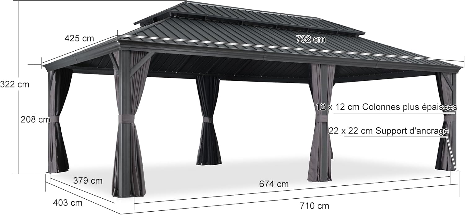 karaca-alisveris - Tonnelle Jardin 7,32x4,25m - acier, rideaux, moustiquaire