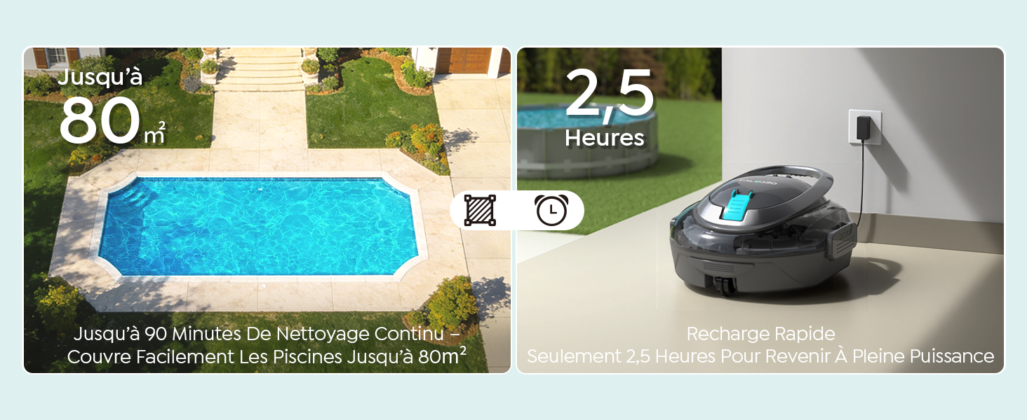 Le texte se lit comme suit : « 80 % », « 2,5 heures ». Image composite montrant une piscine, un appareil robotique et les spécifications techniques de ce qui semble être un système de nettoyage de piscine.