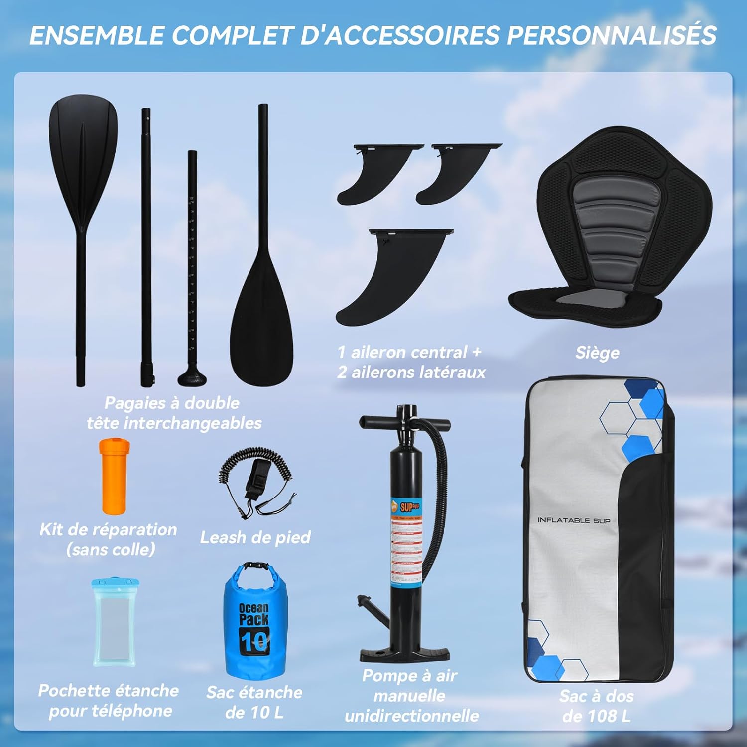 karaca-alisveris - Paddle gonflable adulte 320/335cm - 2 personnes, siège kayak, pagaie, support caméra, 150kg