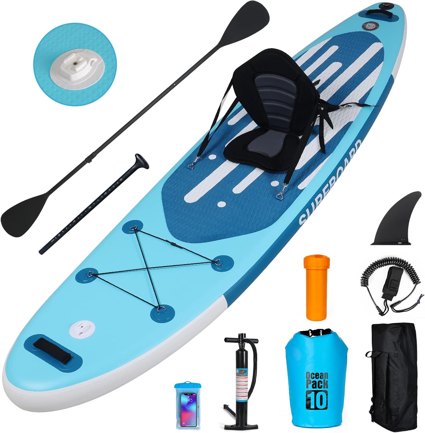 karaca-alisveris - Paddle gonflable adulte - 320/335cm - 2 places, siège kayak, pagaie alu, support caméra, jusqu'à 150kg