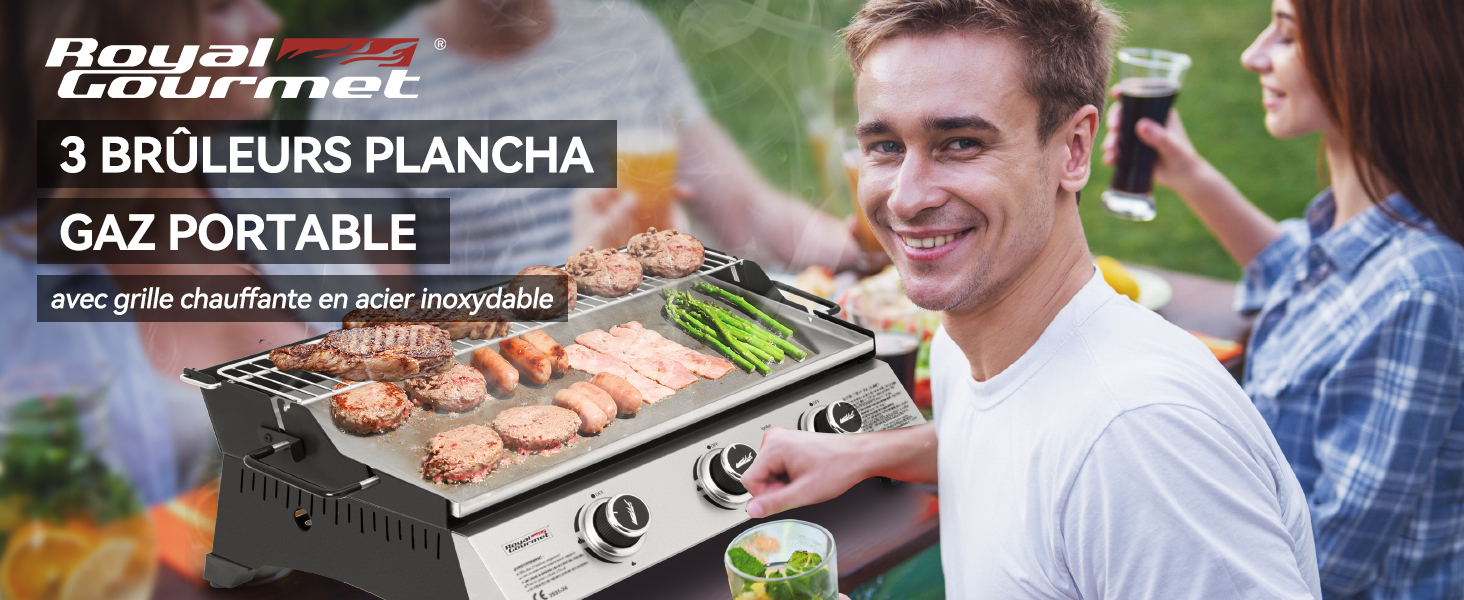 avec trois brûleurs montrant la cuisson de la viande sur une grille en acier inoxydable. Appareil de cuisson extérieur de marque karaca-alisveris.
