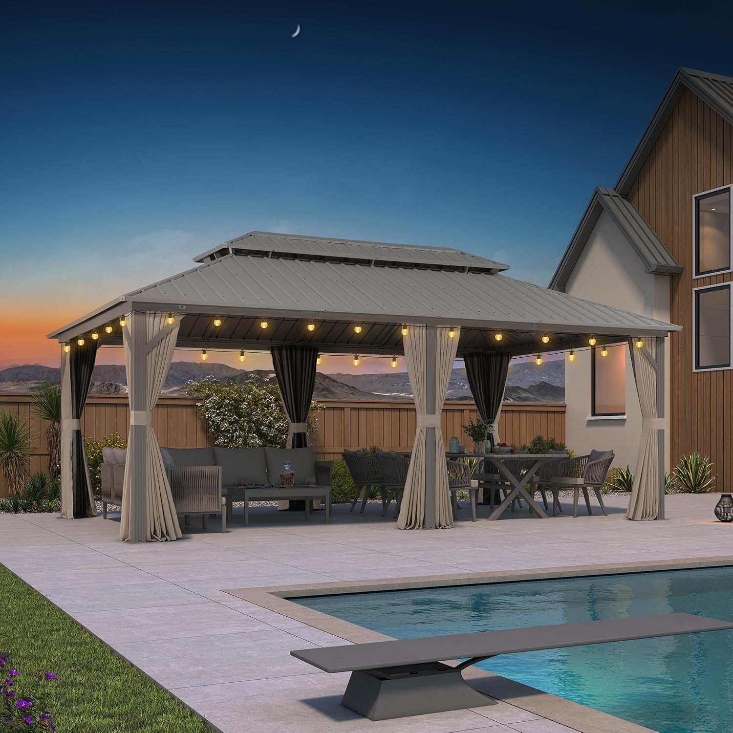 karaca-alisveris Tonnelle de Jardin Extérieur 6 x 3,65 m avec Guirlande Lumineuse, Pergola Aluminium à Toit Rigide en Acier Galvanisé, Pavillon Imperméable pour Camping, Fête, Barbecue, Champagne