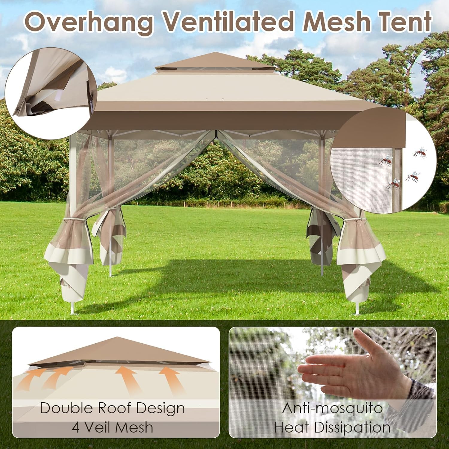 Tonnelle pliante - 3,3x3,3m - imperméable, double toit, moustiquaires