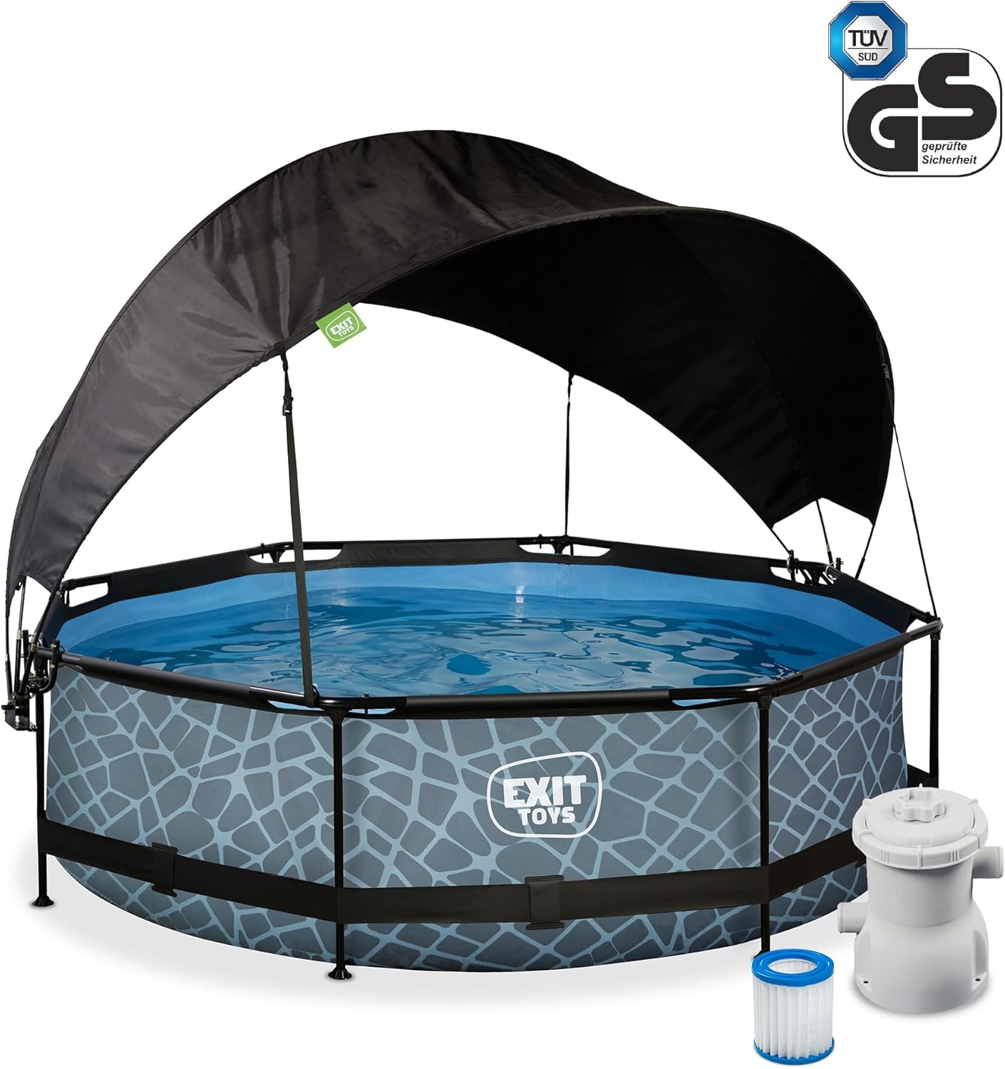 karaca-alisveris Piscine Stone avec Voile d'Ombrage - ø300x76cm - Piscine Hors Sol Ronde avec Pompe Filtrante à Cartouche - Protection Optimale Contre Les Rayons UV - Entrée Basse - Design Unique - Gris