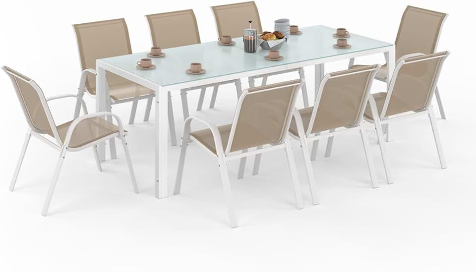 karaca-alisveris - Madrid salon jardin, table 190 cm, 8 chaises empilables, blanc/beige