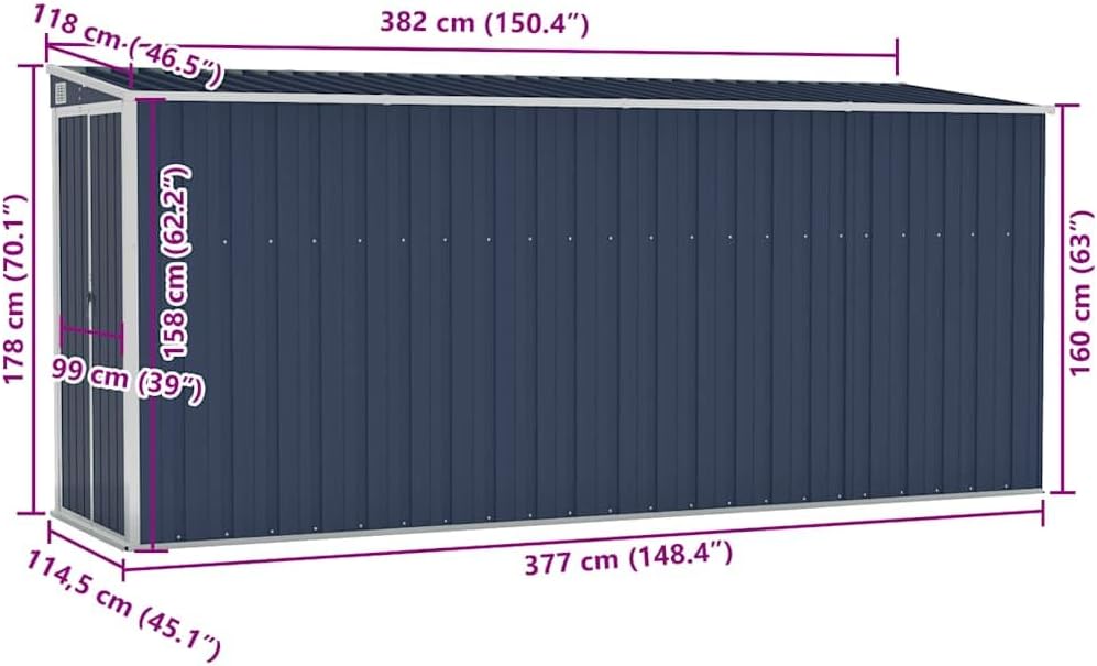 karaca-alisveris Abri de Jardin Mural Anthracite 118x382x178 cm Acier,Maison & Jardin, Pelouses & Jardins, Vie en extérieur, Structures extérieures, Cabanes & abris de Jardin, Anthracite (Poids 47.9KG)