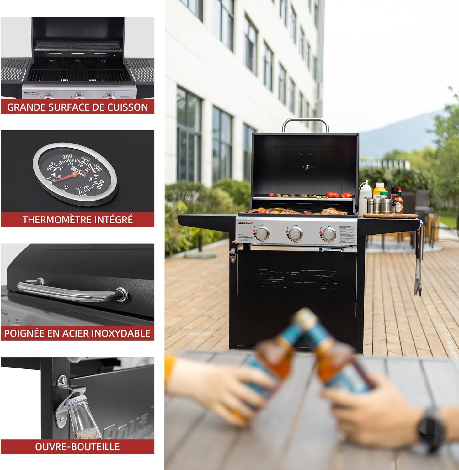 karaca-alisveris – BBQ Gaz 3 brûleurs – 9kW – chariot, capot, grilles, jardin