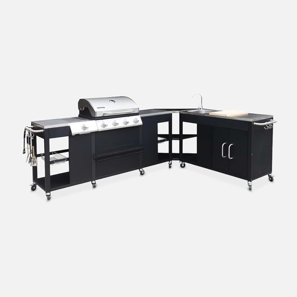 karaca-alisveris - Rochefort - barbecue gaz 5 brûleurs, évier, plancha, plan travail, accessoires