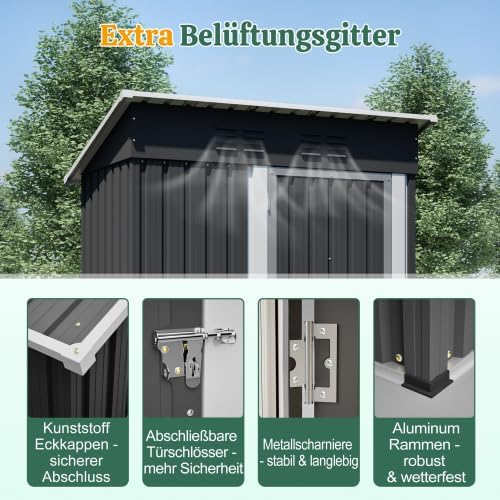 Abri de jardin en métal 152 x 84 x 182 cm, peu encombrant, avec porte verrouillable, résistant aux intempéries et durable, parfait pour les outils de jardin, vélos et tondeuses à gazon, noir