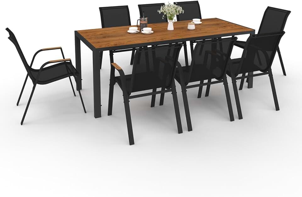 karaca-alisveris - Noumea - Table 190 cm et 8 chaises empilables, plateau verre effet bois